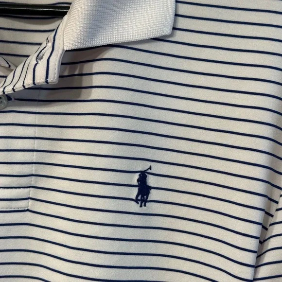 Polo Ralph Lauren Performance Boys L 14-16 White Navy Striped Short Sleeve Polo - Picture 2 of 11